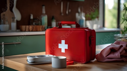 A fully stocked first aid kit with various medical supplies is open on a home kitchen counter, ready for use in case of health emergencies or injuries. photo