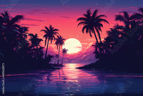 A pixel art illustration of a synthwave-inspired sunset, fusing retro aesthetics with electronic music vibes.