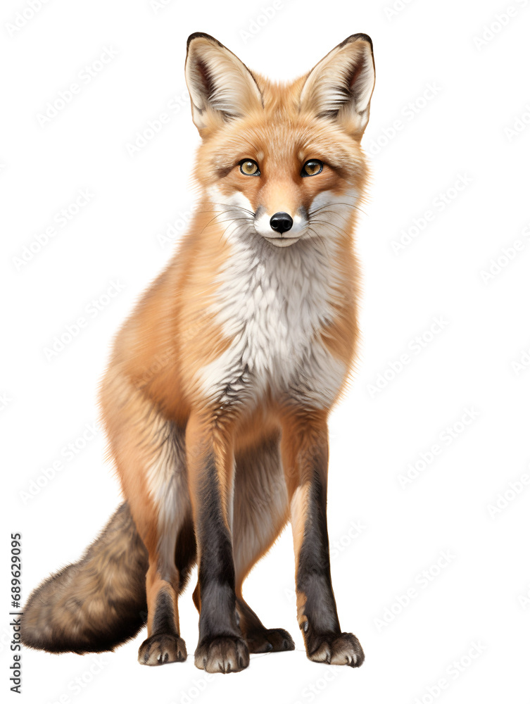 Fototapeta premium Red fox portrait, intense gaze, wildlife animal, majestic creature, isolated on white, natural elegance