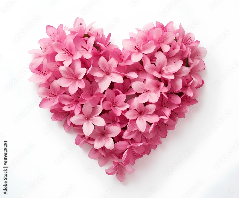 Obraz premium Pink heart made of azalea flower petals, heart-shaped flowers, romantic background for Valentine's day.