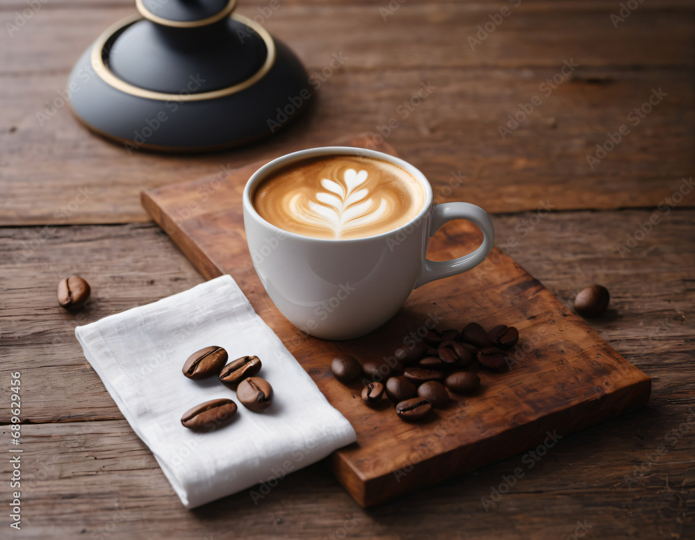 A cup of coffee is on a board, next to coffee beans. A cup of coffee is on a board, next to coffee beans.
