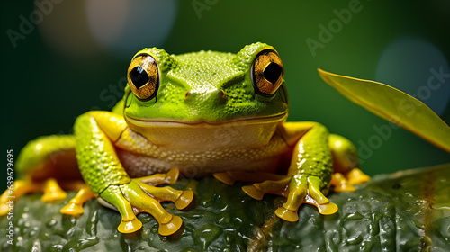 green frog on a leaf with sun rays 