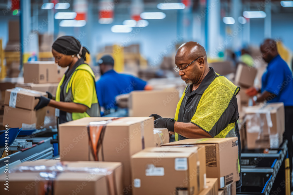 Sorter workers working at post delivery service warehouse shelves filled with cardboard boxes and packages packets. Sorter workers working at post delivery service warehouse shelves filled with cardboard boxes and packages packets.