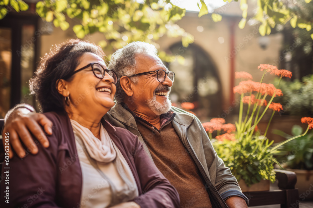 Fototapeta premium Hispanic elderly couple walking down the street, enjoying sun. Having date on Valentines day. Retirement. Hugging and smiling. Wearing glasses.