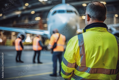 Airplane mechanics in yellow vest in front of the plane in hangar. Aircraft worker in runway airport. Aircraft maintenance mechanic inspects plane. photo