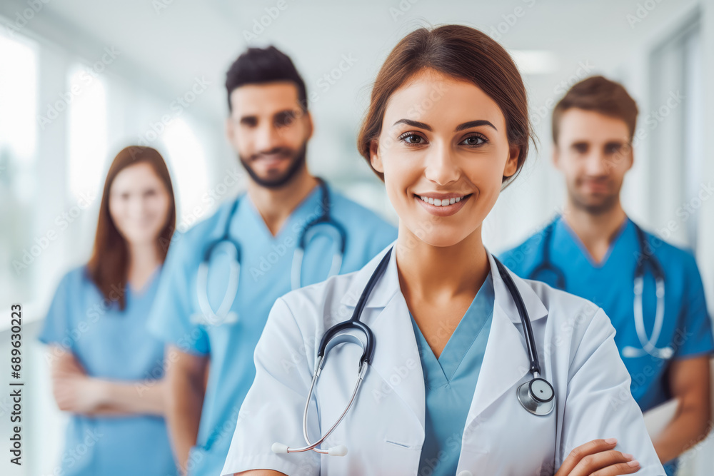 Doctors and nurses standing side by side and looking at the camera. Young female doctor is in the front wearing stethoscope and uniform. Doctors and nurses standing side by side and looking at the camera. Young female doctor is in the front wearing stethoscope and uniform.