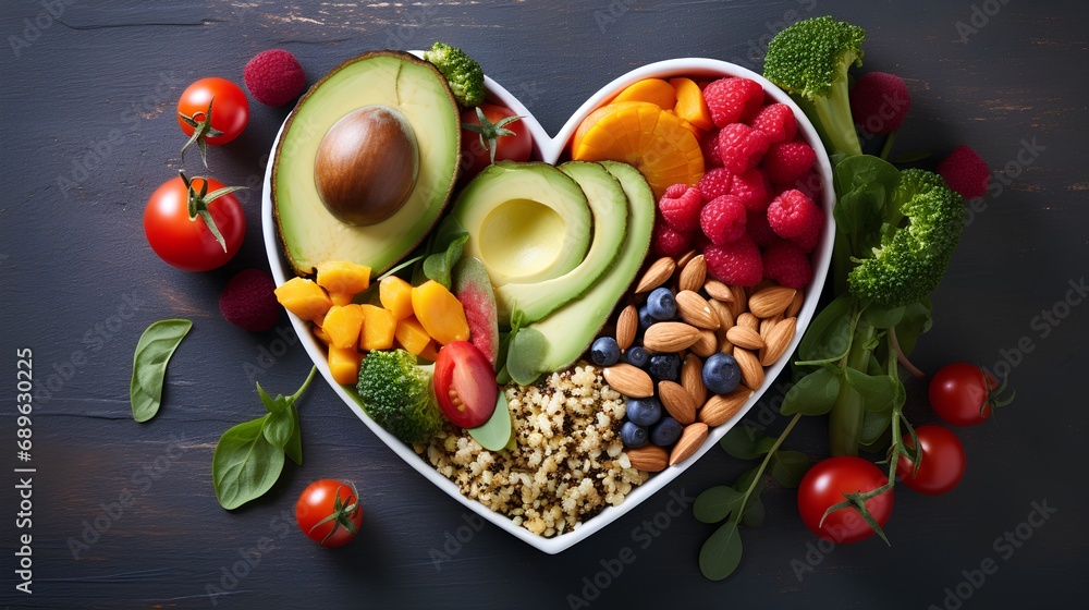A vibrant photo showcasing a heartshaped bowl filled with nutritious diet foods, including fresh fruits, vegetables, and whole grains, promoting heart health and cardiovascular wellness. - obrazy, fototapety, plakaty 