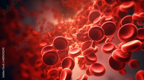 A detailed medical illustration depicting red blood cells flowing through artery with visible plaque buildup consisting of cholesterol, indicating atherosclerosis or potential cardiovascular disease photo