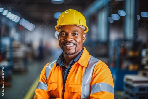 Happy African American factory worker wearing hard hat and work clothes standing in production line. Copper, steel production, machinery.