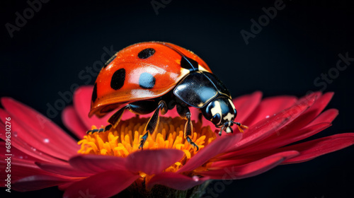 Macro photo of a ladybug sitting on flowers. Extreme macro close-up of an insect. Very detailed. Wold nature.