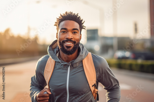 Afro american man jogging in a city. Young athlete doing cardio outdoor. Evening exercise and a healthy lifestyle.