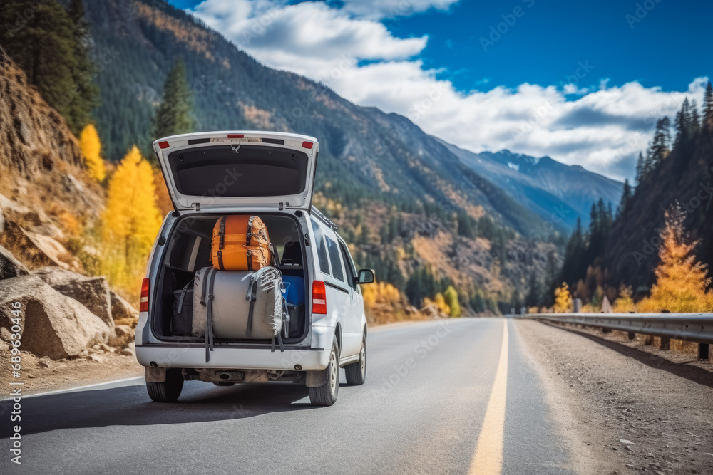 van car on the road with one person, in the mountains driving during vacation with luggage and backpacks on a sunny day. Solo travels, backpacking, hipster life, ready to camp.