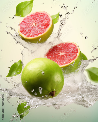 Water splash with red and green citrus lime on white background. Waterdrops, mid motion. Healthy vegetarian lifestyle, vitamin organic food concept, exotic fruits