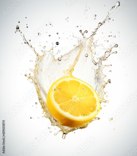 Water splash with lemons isolated on white background. Waterdrops, mid motion. Healthy vegetarian lifestyle, vitamin organic food concept, exotic fruits