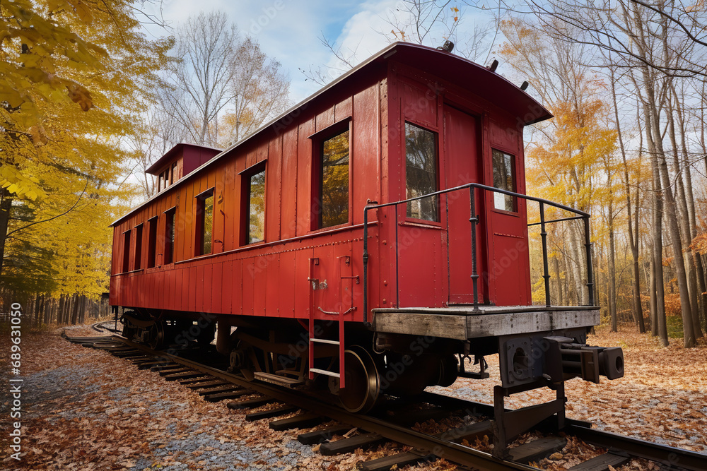 A beautifully restored historic caboose on display - representing a railway relic from a bygone era - the result of a meticulous restoration project for train enthusiasts. A beautifully restored historic caboose on display - representing a railway relic from a bygone era - the result of a meticulous restoration project for train enthusiasts.