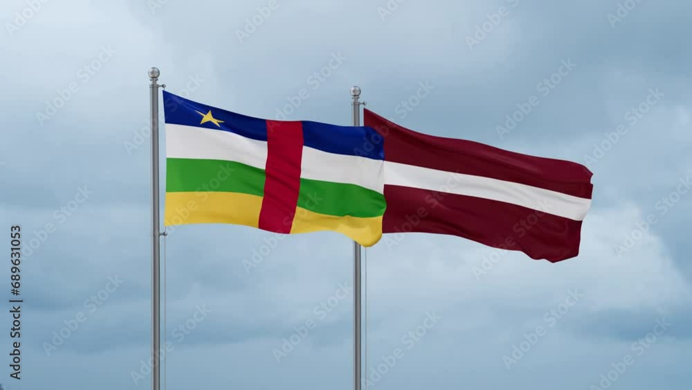 Latvia and Central Africa flag waving together on cloudy sky, endless seamless loop, two country cooperation concept Latvia and Central Africa flag waving together on cloudy sky, endless seamless loop, two country cooperation concept