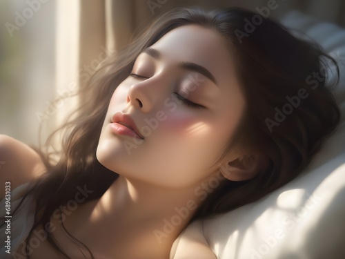 portrait of a woman sleeping on the bed in the morning.