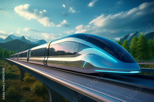 A concept design of a futuristic maglev train - utilizing magnetic levitation technology - representing the cutting-edge future of transportation and innovation. photo
