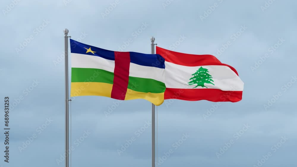 Lebanon flag and Central Africa flag waving together on cloudy sky, endless seamless loop, two country relations concept Lebanon flag and Central Africa flag waving together on cloudy sky, endless seamless loop, two country relations concept