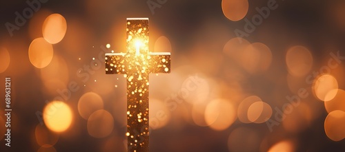 gold crucifix cross with bokeh glitter glow light shine festive glory theme, Generative Ai photo