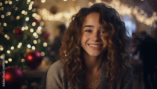 portrait of a young happy girl against the background of a Christmas tree.