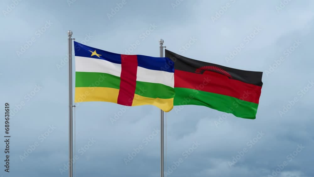 Malawi flag and Central Africa flag waving together on cloudy sky, endless seamless loop, two country relations concept Malawi flag and Central Africa flag waving together on cloudy sky, endless seamless loop, two country relations concept