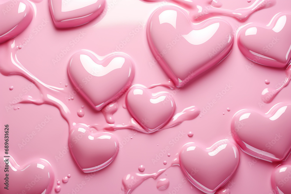 Elegant pink background with hearts in a liquid-like glossy finish, perfect for themes of love, romance, or Valentine's Day promotions.