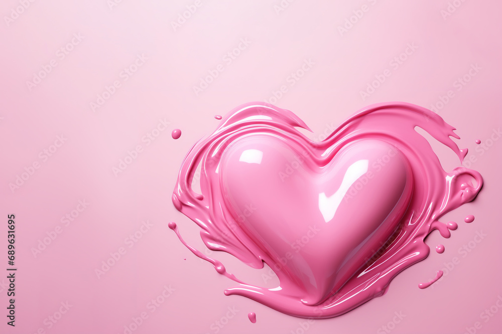 Glossy pink heart with dynamic splashes on a soft pink background, offering ample copy space for text, ideal for love-themed ads, cards, or promotions.