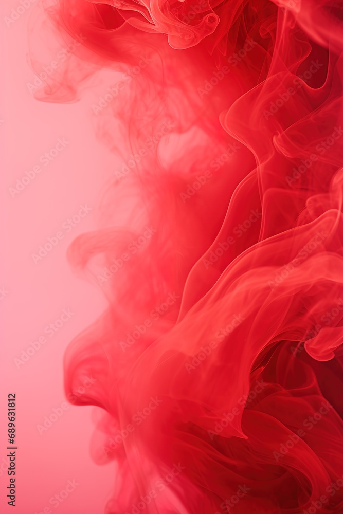 Red smoke swirls against a pink background, forming an abstract, dreamy atmosphere suitable for creative projects, events, or as an evocative backdrop. Vertical picture.