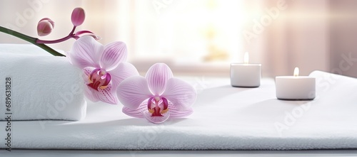 orchid branch with white spa towel  and  candle light  beauty treatment concept background  Generative Ai