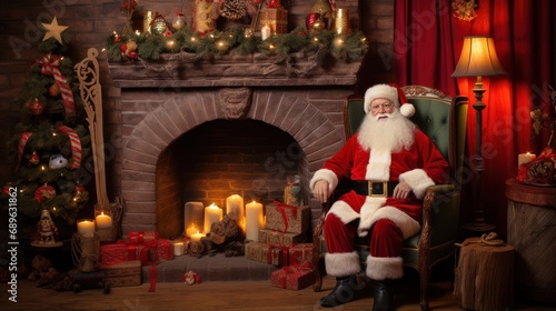 Santa Claus in his house next to the fireplace resting in armchair.