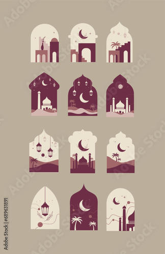 Boho and Minimalist window with Islamic Mosque Landscape Illustration Design Set 