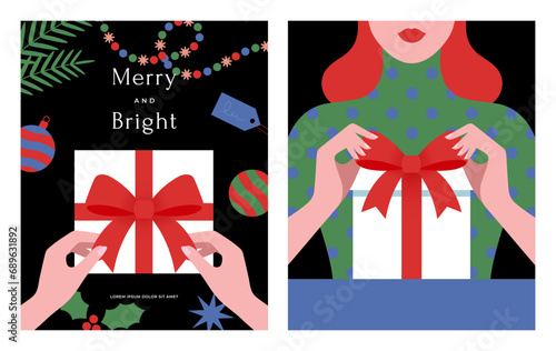 Merry Christmas, Happy New Year. Xmas present for social media, poster. Gift giving. Holiday season banner top view. Hands unpacking box, Decorative red bow. Modern style. Flat vector illustration.