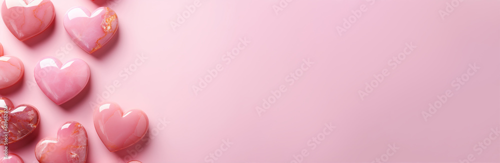 Elegant pink hearts on a marbled background, perfect for Valentine's Day, weddings, or romantic themes. Backdrop with empty, copy space for text. Banner, panoramic picture.