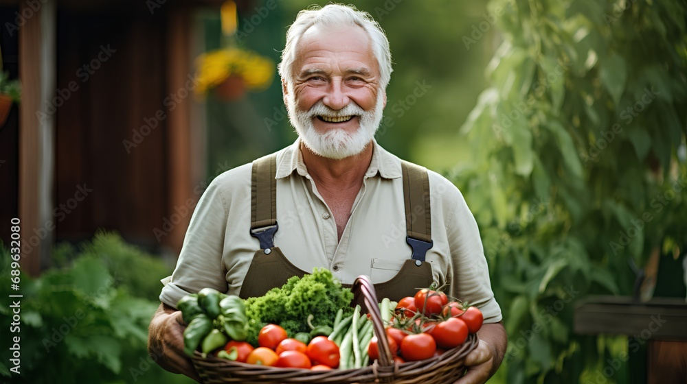 An elderly displays a basket brimming with vibrant, freshly harvested vegetables. They stand amidst a bustling local farmers market, surrounded by an array of organic greens and colorful produce. An elderly displays a basket brimming with vibrant, freshly harvested vegetables. They stand amidst a bustling local farmers market, surrounded by an array of organic greens and colorful produce.