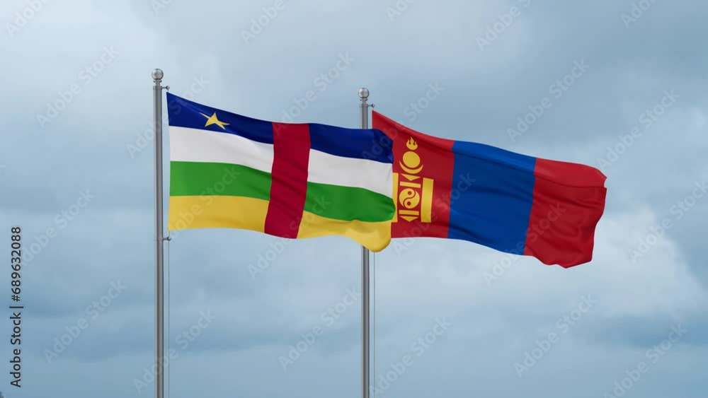Mongolia and Central Africa flag waving together on cloudy sky, endless seamless loop, two country cooperation concept Mongolia and Central Africa flag waving together on cloudy sky, endless seamless loop, two country cooperation concept