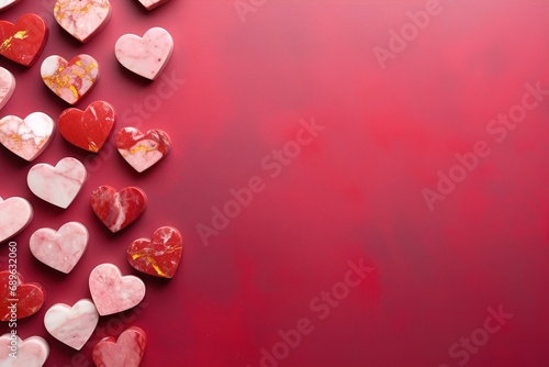 Elegant red and pink marbled hearts on a red background, perfect for Valentine's Day, weddings, or romantic themes. Backdrop with empty, copy space for text. Greeting card design.
