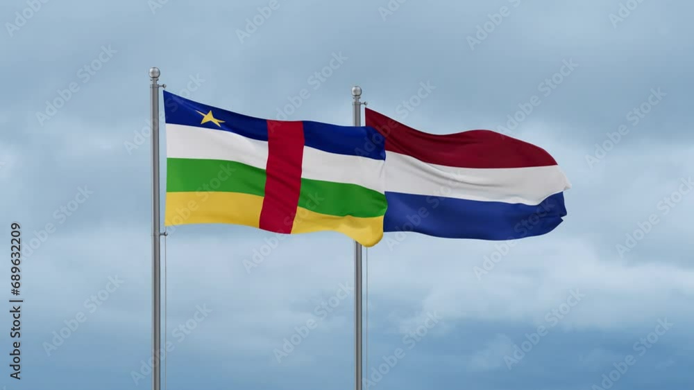 Netherlands flag and Central Africa flag waving together on cloudy sky, endless seamless loop, two country relations concept Netherlands flag and Central Africa flag waving together on cloudy sky, endless seamless loop, two country relations concept