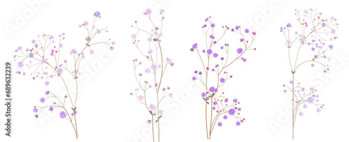 Twig of gypsophile paniculata. Pink, white, blue tiny flowers, buds, green leaves. Delicate ramules for bouquets. Panoramic view, botanical illustration in watercolor style, horizontal pattern, vector photo