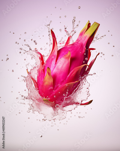 Water splash with pink dragonfruit on light background. Waterdrops, mid motion. Healthy vegetarian lifestyle, vitamin organic food concept, exotic fruits