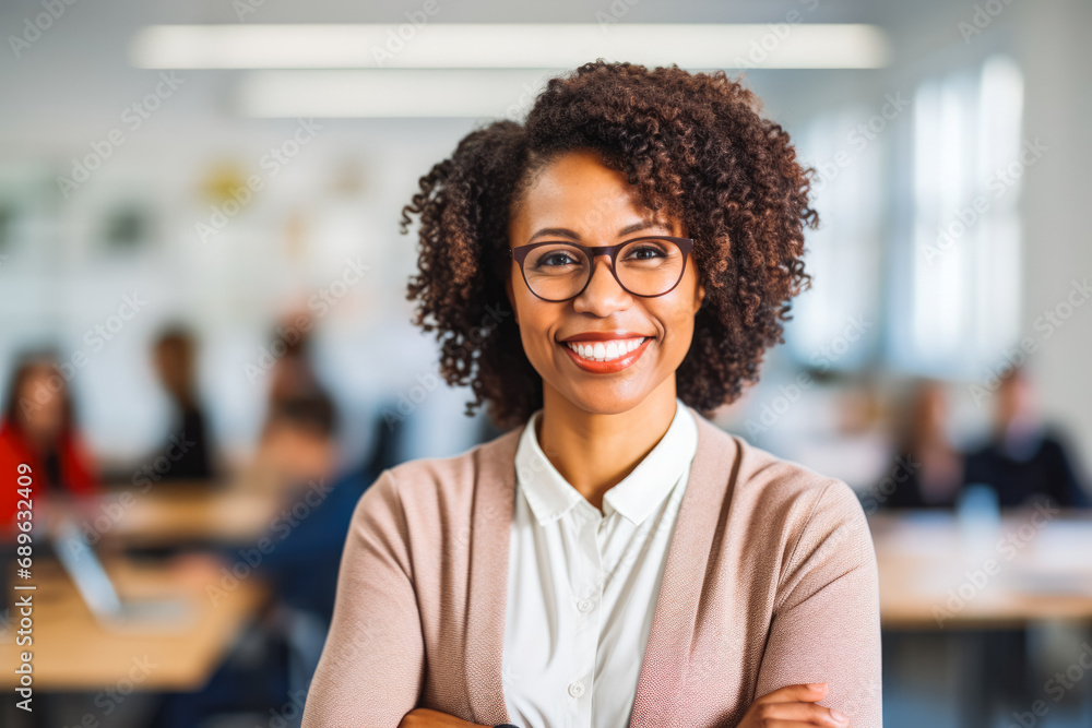 Young beautiful afro american school teacher with glasses standing in the classroom. Students sitting and walking in the break, taking a break from learning. Young beautiful afro american school teacher with glasses standing in the classroom. Students sitting and walking in the break, taking a break from learning.
