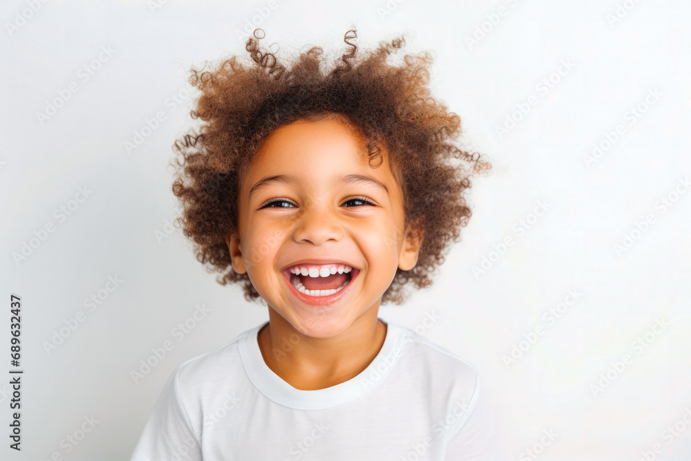 Cute mixed race boy child model with perfect clean teeth laughing and smiling, happy. Curly hair and white shirt, healthy. Isolated on white background. Cute mixed race boy child model with perfect clean teeth laughing and smiling, happy. Curly hair and white shirt, healthy. Isolated on white background.