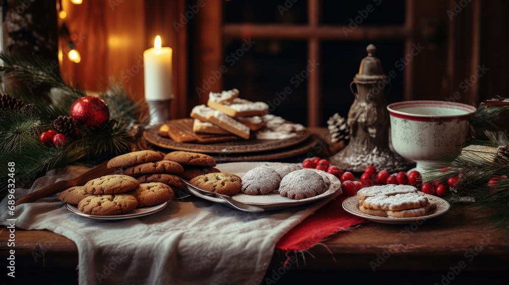 Obraz premium Tasty homemade Christmas cookies on the table. Gingerbread. Christmas holiday treats.