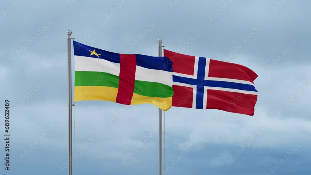 Norway flag and Central Africa flag waving together on cloudy sky, endless seamless loop, two country relations concept Norway flag and Central Africa flag waving together on cloudy sky, endless seamless loop, two country relations concept