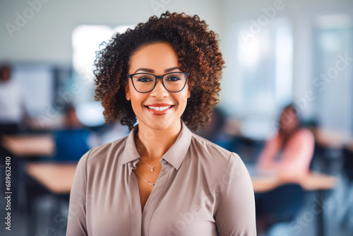 Young beautiful afro american school teacher with glasses standing in the classroom. Students sitting and walking in the break, taking a break from learning.