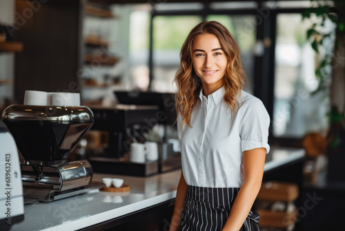 Beautiful young woman working in a coffee shop making and selling coffee at the checkout. Modern and sustainable bar, offering good coffee. Cooking.