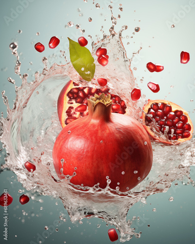 Water splash with pomegranate on light background. Waterdrops, mid motion. Copy space, banner. Healthy vegetarian lifestyle, vitamin organic food concept, exotic fruits