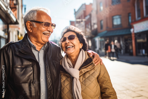 Hispanic elderly couple walking down the street, enjoying sun. Having date on Valentines day. Retirement. Hugging and smiling. Wearing glasses. © VisualProduction