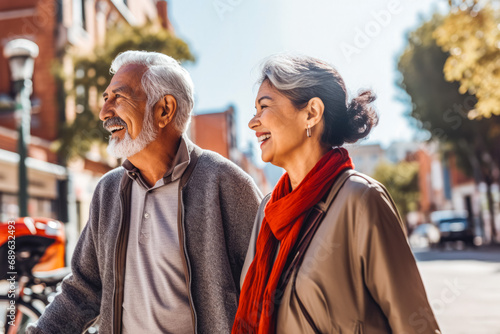 Mixed race elderly couple walking down the street, enjoying sun. Having date on Valentines day. Retirement. Hugging and smiling. Traveling in the city