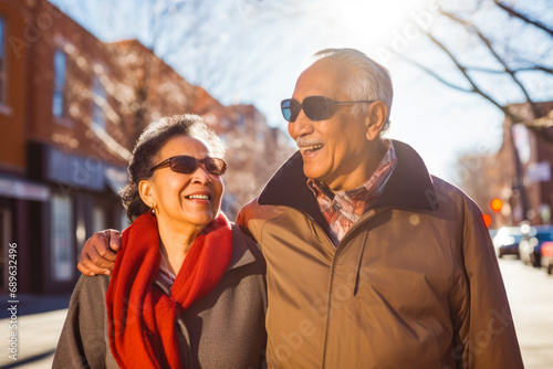 Hispanic elderly couple walking down the street, enjoying sun. Having date on Valentines day. Retirement. Hugging and smiling. Wearing glasses.